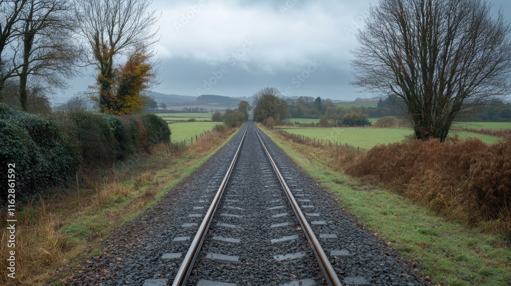 Fototapeta premium Single Railway Track Through Autumnal Countryside Landscape