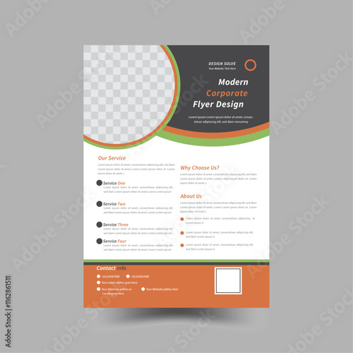 technology training and workshop flyer design template use vertical layout. Circle space for photo collage. Green and blue color of element variation which can be selected. white backgrounda bundle of