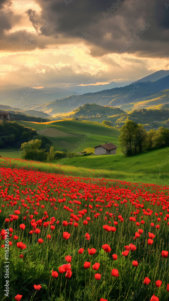 Fototapeta premium Beautiful Red Poppy Field in Rural Summer Landscape