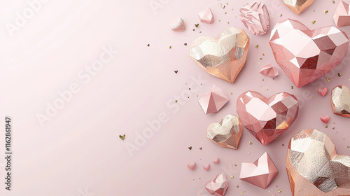 A collection of sparkling, pink geometric hearts scattered on a soft pink background, evoking a romantic and festive atmosphere.