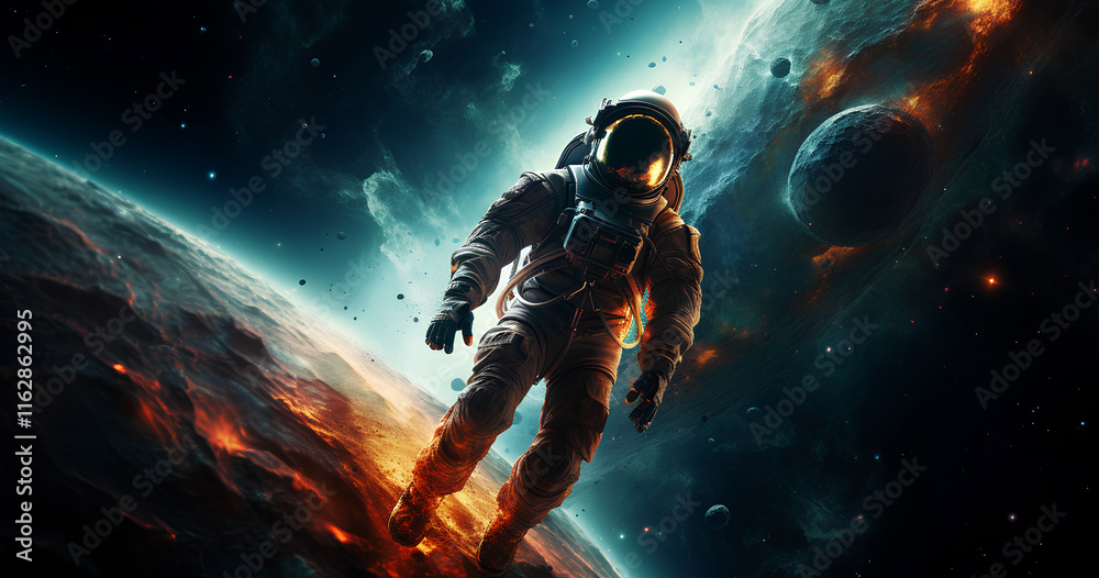An astronaut floats in a stunning cosmic environment surrounded by brightly colored planets and luminous clouds. An astronaut floats in a stunning cosmic environment surrounded by brightly colored planets and luminous clouds.