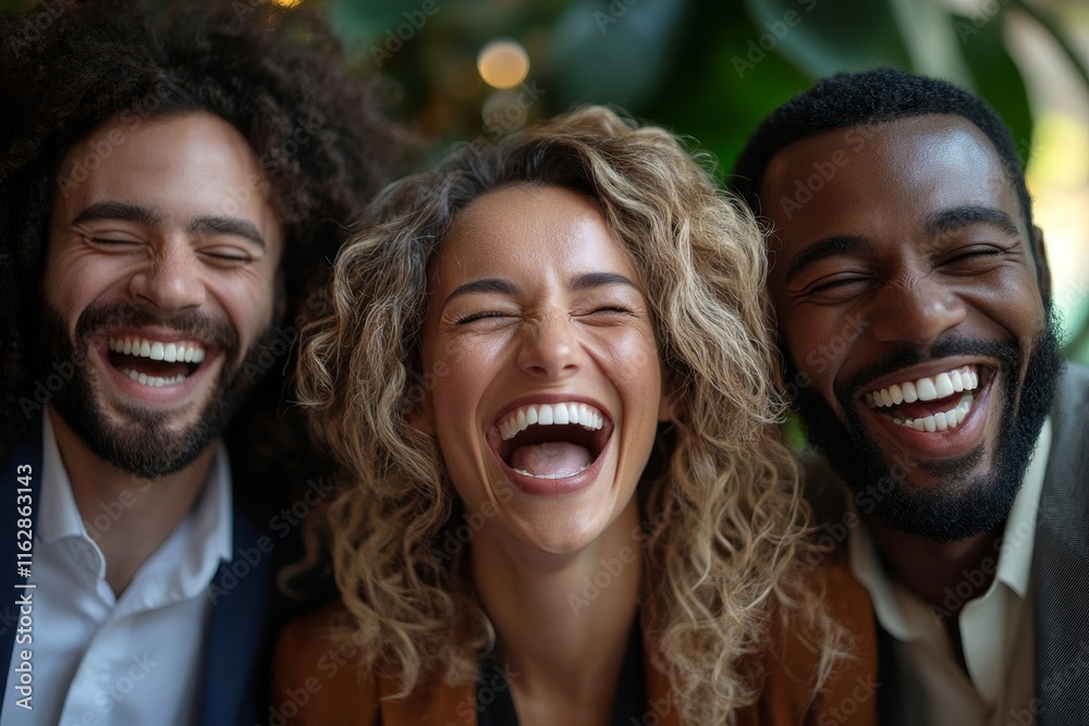 Diverse group of businesspeople laughing together during an offi, Generative AI