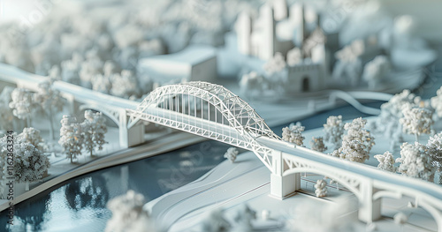 Detailed architectural model showcasing a white bridge over a calm river amidst a serene landscape with trees and buildings in the background photo