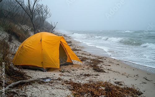 Orange tent on a windy, foggy beach.