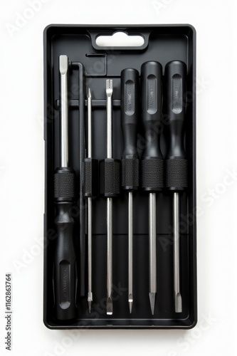 A set of six screwdrivers in a black plastic case photo