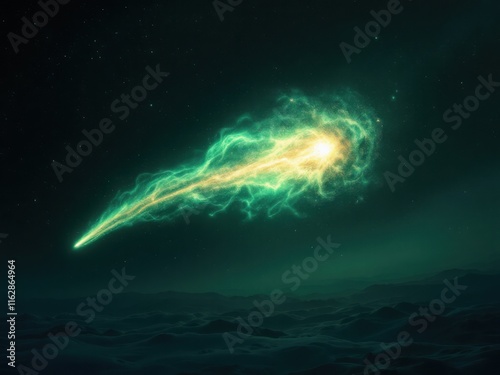 
Celestial Comet: Green and Gold Comet Streaking Through the Night Sky
