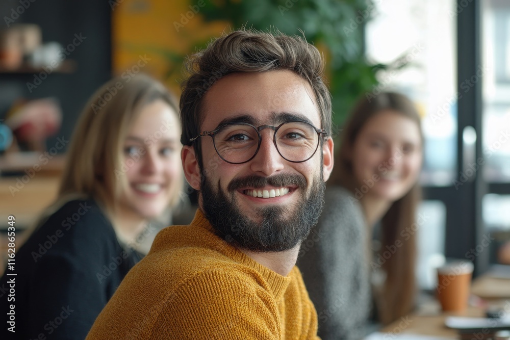 Confident and Happy Man with Friends in Cafe, generative ai Confident and Happy Man with Friends in Cafe, generative ai