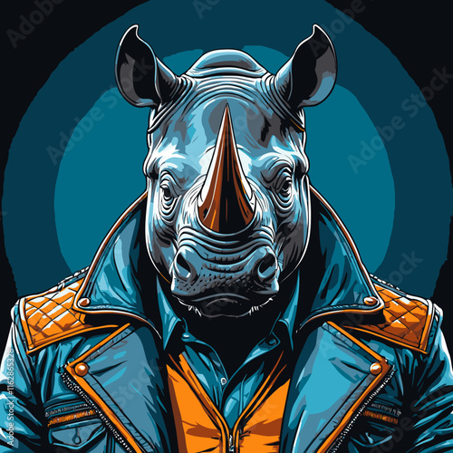 rhino head wearing leather jacket vector art