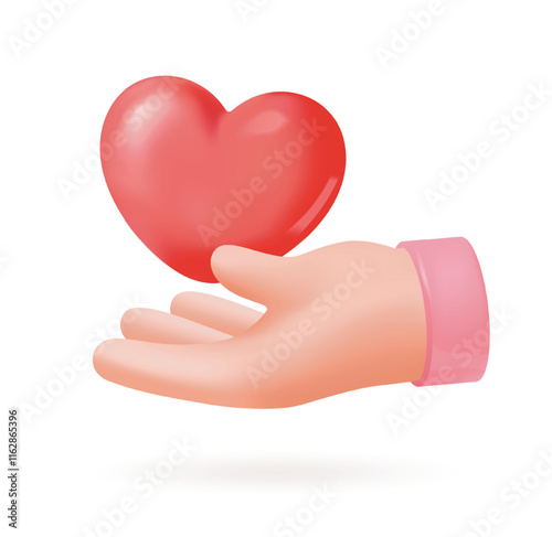Red heart placed on an outstretched hand in a cartoon style, isolated on a white background, ideal for love, care, and charity-themed designs. Soft 3d style vector illustration