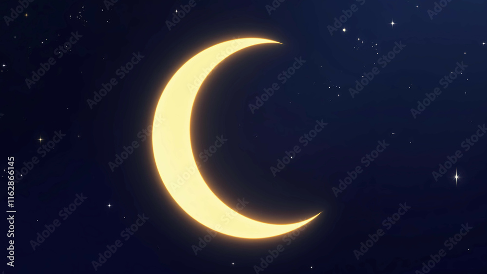 Crescent Moon and Stars Against Dark Blue Night Sky Crescent Moon and Stars Against Dark Blue Night Sky