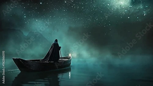 A spectral ferryman glides across a misty river at night, guiding souls to the afterlife.