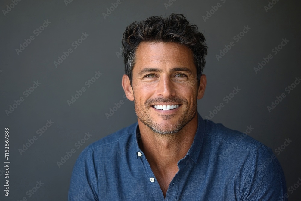 Fototapeta premium Handsome smiling business man in blue shirt isolated on gray background, Generative AI
