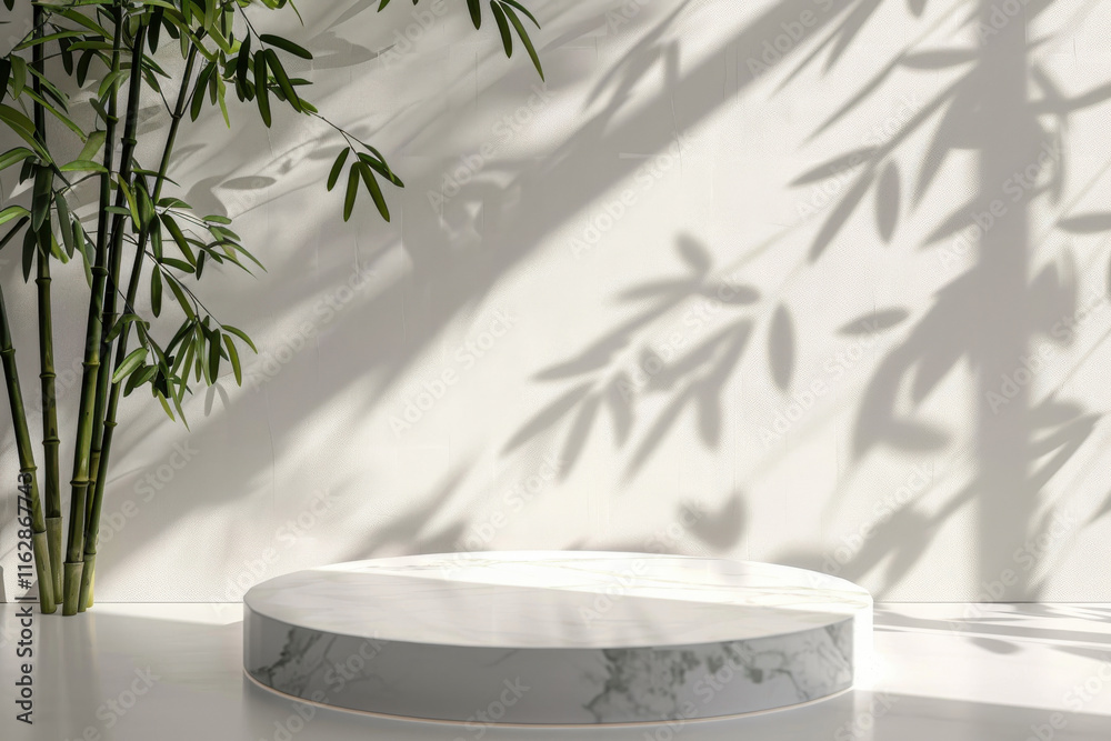 A 3D podium crafted with bamboo-inspired elements, perfect for showcasing cosmetic products or eco-friendly items. The design features a clean white background with soft green leaf shadows. A 3D podium crafted with bamboo-inspired elements, perfect for showcasing cosmetic products or eco-friendly items. The design features a clean white background with soft green leaf shadows.