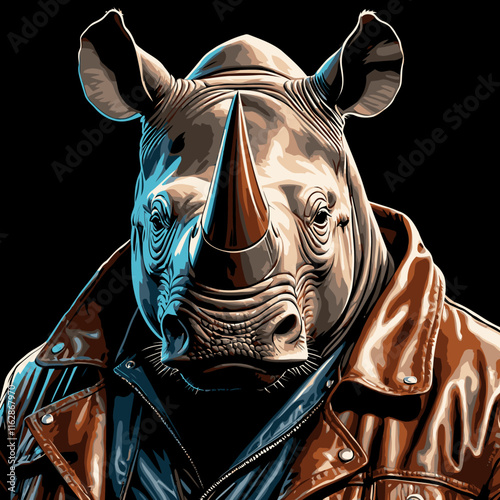 rhino head wearing leather jacket vector art