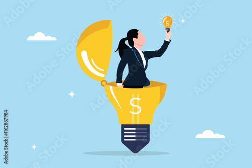 A concept illustration of discovering solutions by intuition or intelligence. Searching for new innovations, opportunity or invention, research concept.Finding the light of hope for entrepreneurs.