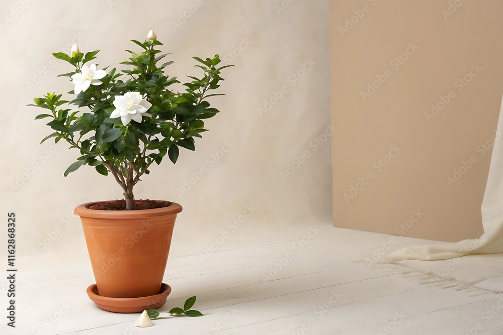 Fototapeta premium Elegant gardenia plant in terracotta pot with wide text space for botanical design.