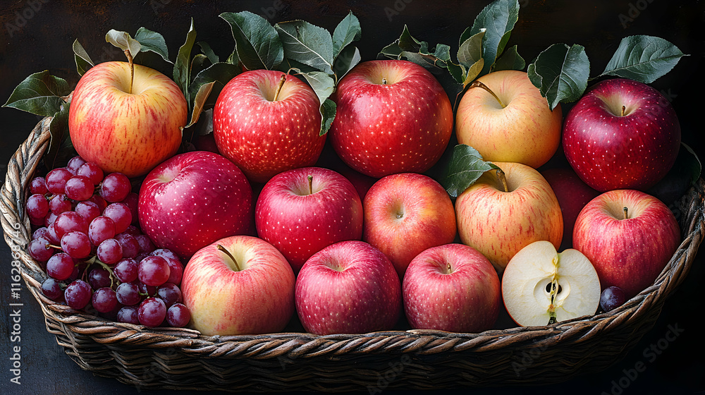 A rustic woven basket filled with bright, shiny red apples, showcasing their natural freshness and crisp texture, ideal for snacking or baking A rustic woven basket filled with bright, shiny red apples, showcasing their natural freshness and crisp texture, ideal for snacking or baking