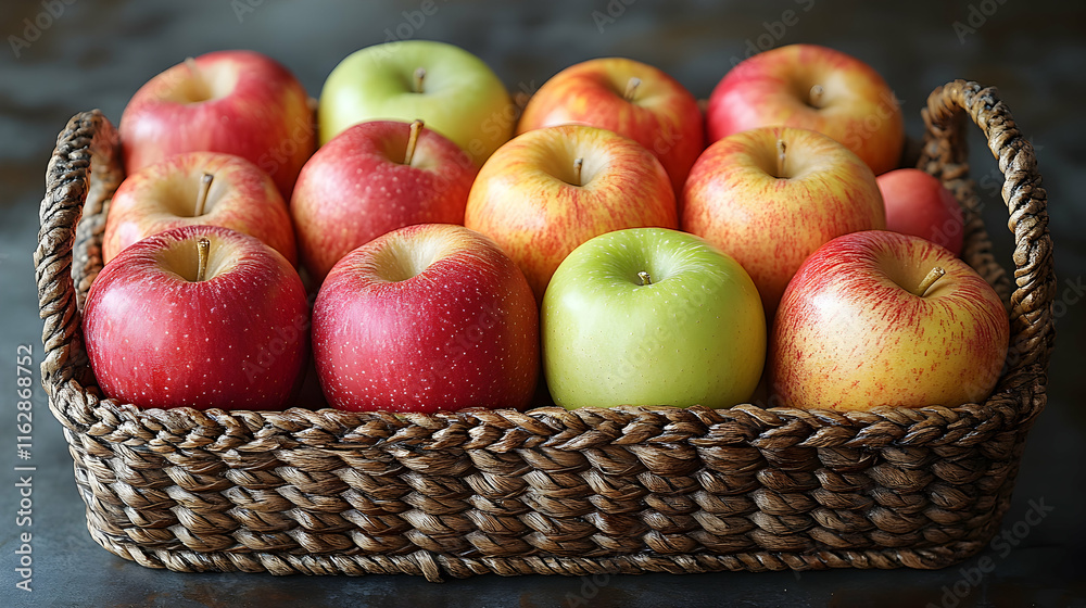 A rustic woven basket filled with bright, shiny red apples, showcasing their natural freshness and crisp texture, ideal for snacking or baking A rustic woven basket filled with bright, shiny red apples, showcasing their natural freshness and crisp texture, ideal for snacking or baking