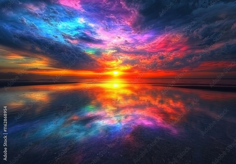 Fototapeta premium Vibrant Rainbow Sunset Ocean Reflection, Magical Sky