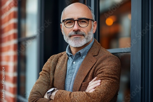 Mature urban business man with specs crossing his arms, Generative AI