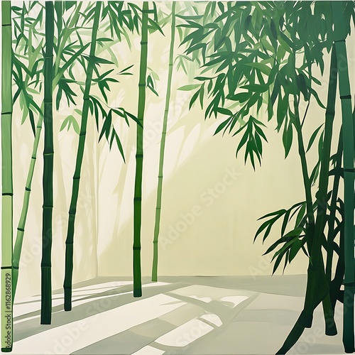 painting of a bamboo grove with green leaves and a white wall photo