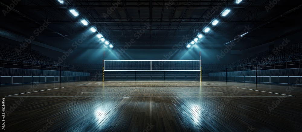 Empty volleyball court in a dark arena with bright spotlights.