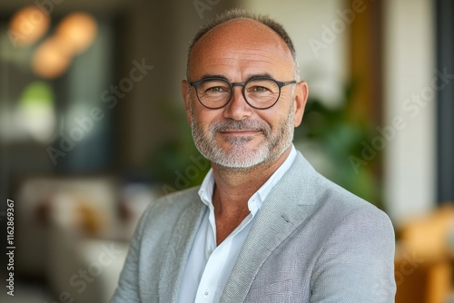 mature 50 year old confident professional manager, confident businessman investor looking at camera, smiling mid aged older business man executive standing in office, Generative AI