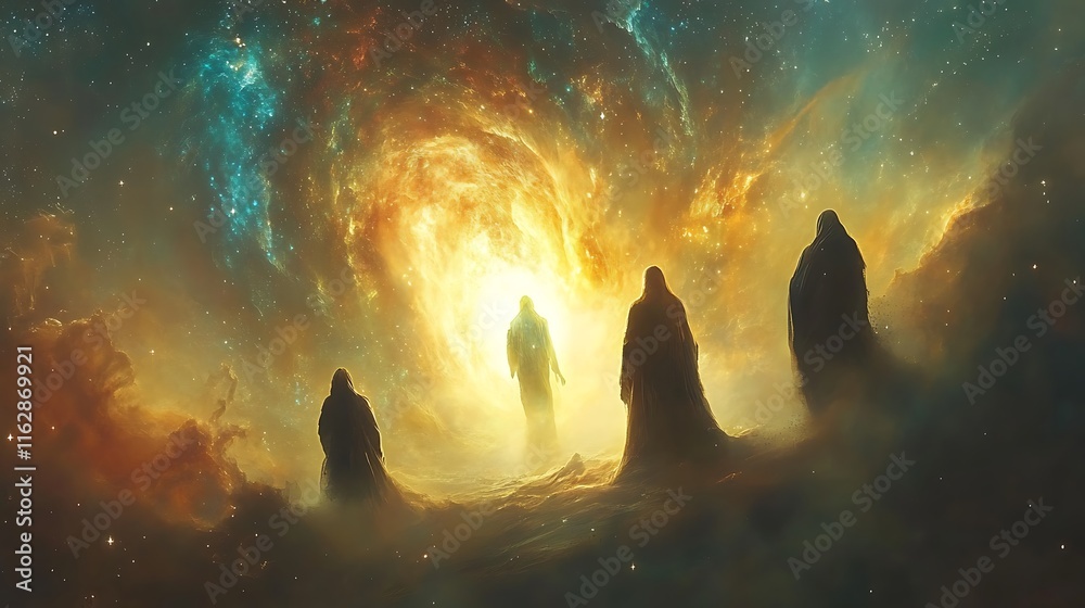 three people standing in front of a spiral galaxy with a bright light three people standing in front of a spiral galaxy with a bright light