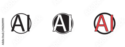 Set of 3 "No AI sign" icons with 1 line, 1 silhouette n 1 colored icon with an unexpanded vector inside - No AI sign icon with crossed-out symbol over robot symbolizing absence artificial intelligence