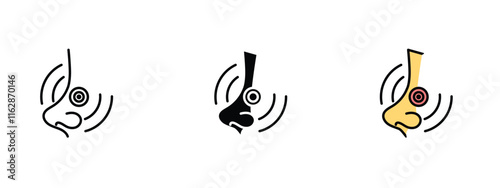 Set of 3 "Nose Pain" icons with 1 line, 1 silhouette n 1 colored icon with an unexpanded vector inside - Nose pain icon featuring nose with pain symbol representing discomfort or sinus issues medical