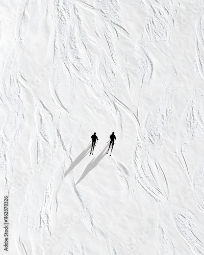 skiers are skiing down a snowy mountain with their shadows on the snow