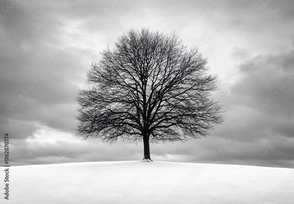 Fototapeta premium Solitary Winter Tree on Snowy Hill, Dramatic Sky