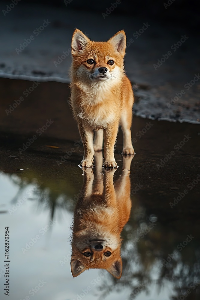 Naklejka premium there is a small dog standing on the edge of a puddle