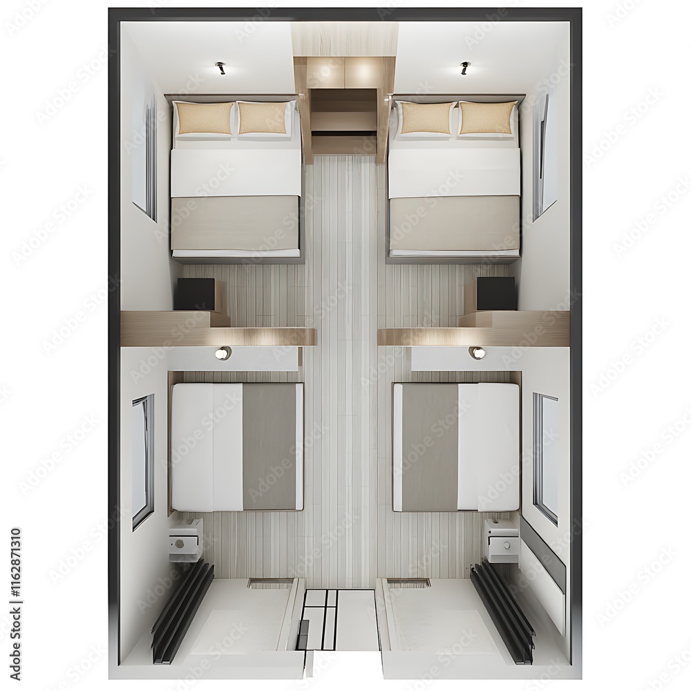 Fototapeta premium a view of a bedroom with two beds and a desk