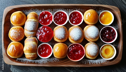 Delicious Serbian Krofne with Colorful Toppings on a Wooden Bowl Display photo