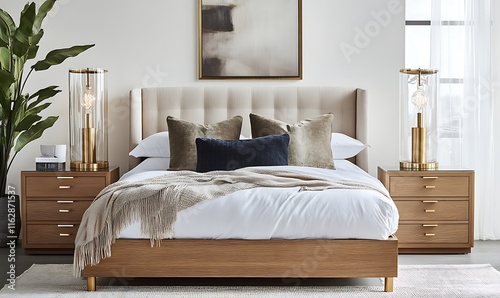 there is a bed with a white bed spread and a plant