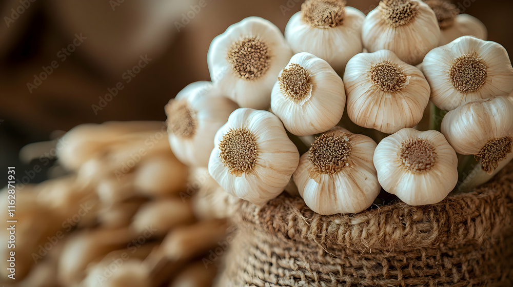 Organic garlic bulbs arranged in a rustic style, perfect for culinary and healthy lifestyle concepts Organic garlic bulbs arranged in a rustic style, perfect for culinary and healthy lifestyle concepts