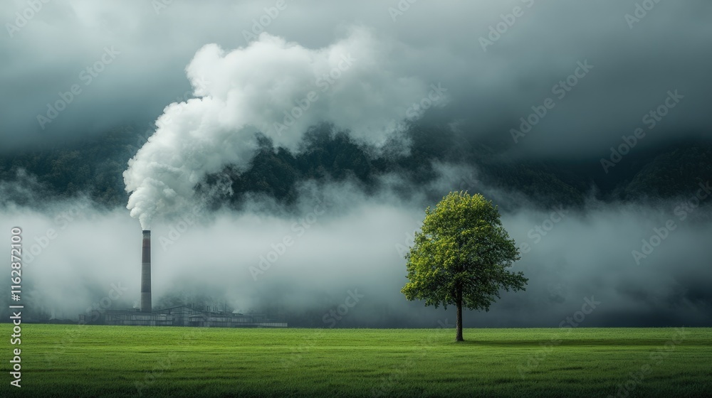 A solitary tree stands in a field with a factory emitting smoke in the background. A solitary tree stands in a field with a factory emitting smoke in the background.