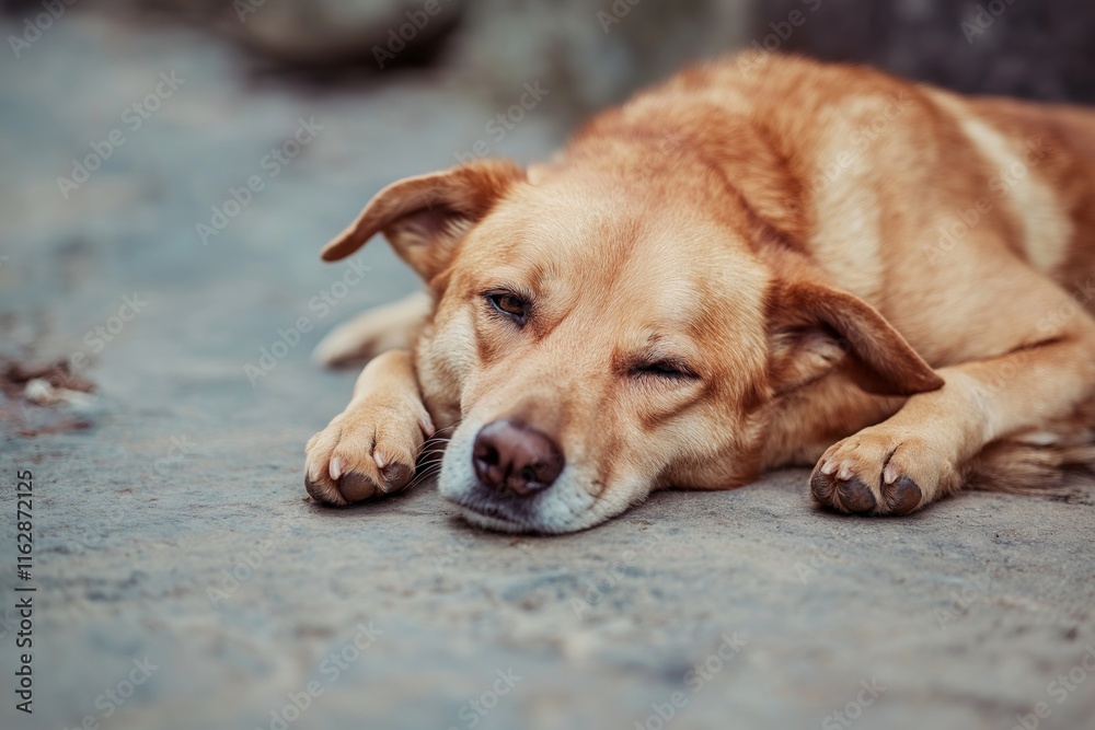 A dog peacefully rests with eyes half-closed, expressing contentment and relaxation on a smooth surface. A dog peacefully rests with eyes half-closed, expressing contentment and relaxation on a smooth surface.