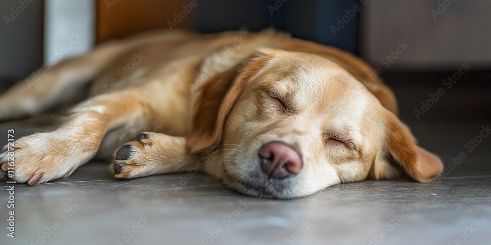 A serene Labrador retriever peacefully sleeping on the floor. A serene Labrador retriever peacefully sleeping on the floor.