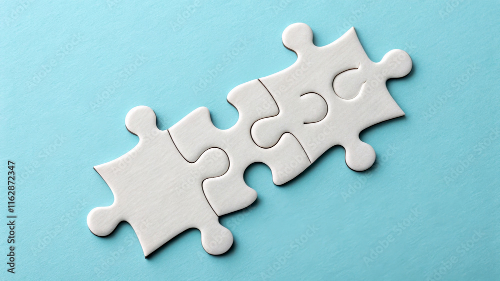 Obraz premium Three white puzzle pieces are connected against a light blue background. Their simple forms stand out, emphasizing the concept of fitting together. AI generated.