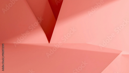 Abstract coral colored paper shapes and shadows. Minimalist geometric background. Modern art design concept.