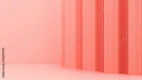Abstract 3D rendering of coral pink background with vertical lines. Minimalist geometric design for product display, presentation, or branding.