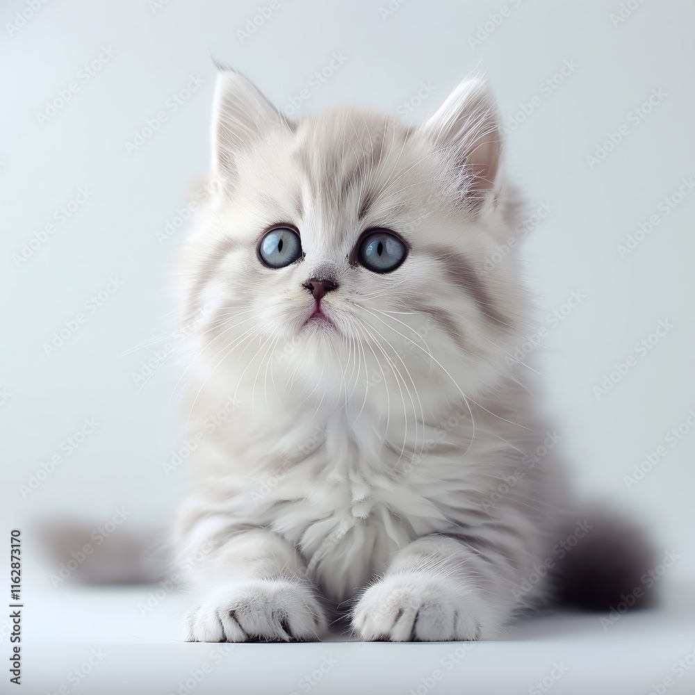Fototapeta premium there is a small kitten sitting on a table with a white background