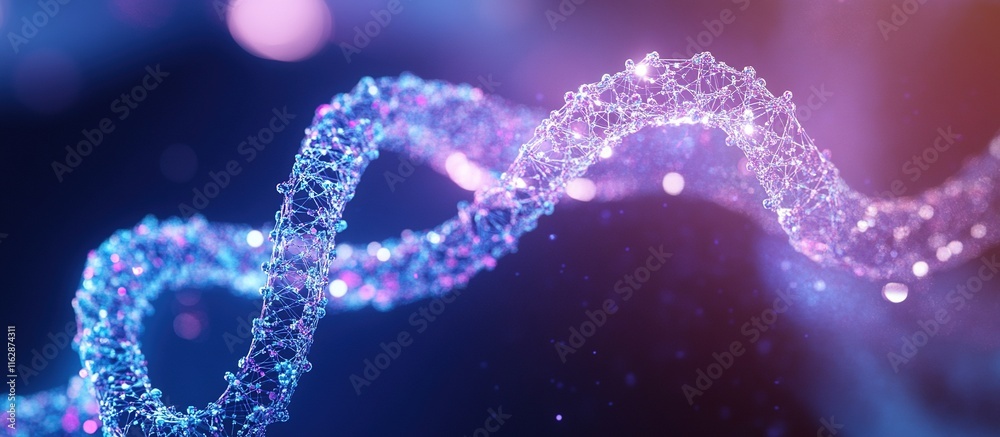 Glowing DNA helix strand abstract background.