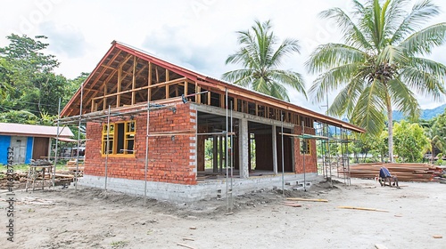Under construction brick house with wooden frame, partially completed, near palm trees.