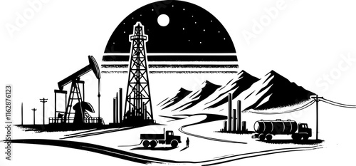 Oil Extraction and Transportation Scene in Monochrome Technical Style