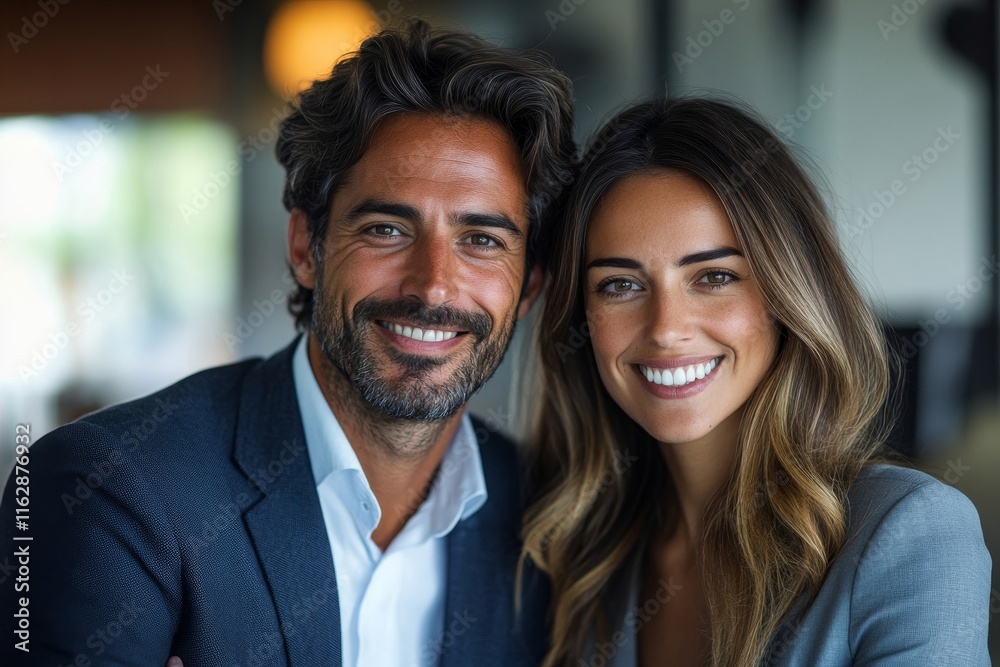 Male and female business couple posing smiling at their business office looking at the camera, Generative AI Male and female business couple posing smiling at their business office looking at the camera, Generative AI