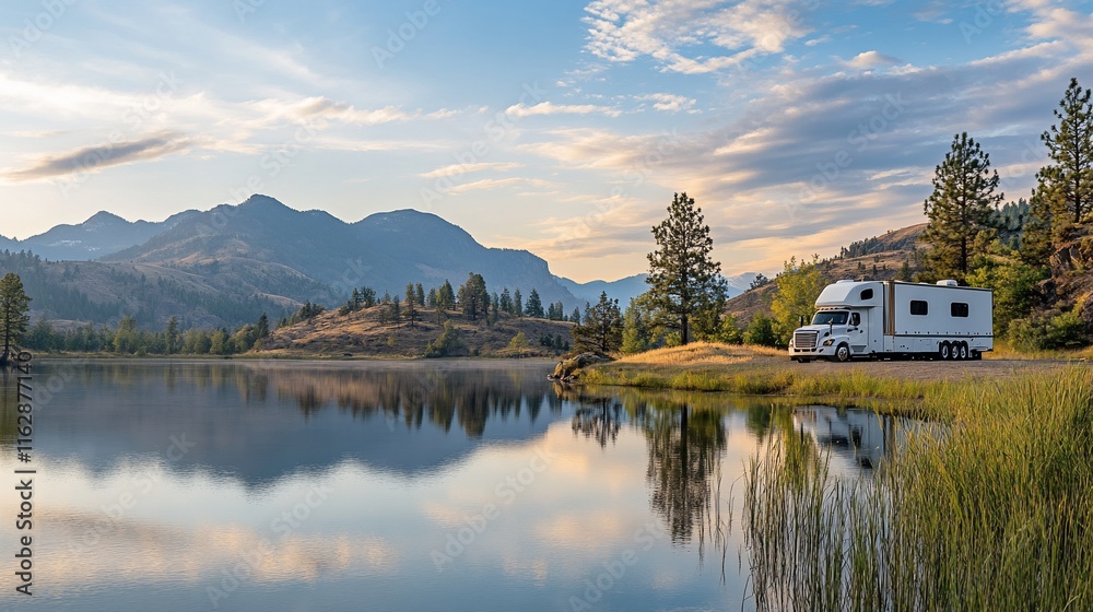 Fototapeta premium RV parked by calm lake at sunrise, reflecting mountains.