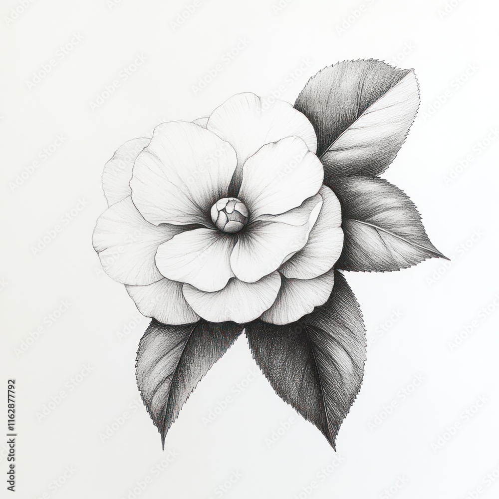 Fototapeta premium Detailed Pencil Drawing of a Camellia Flower and Leaves